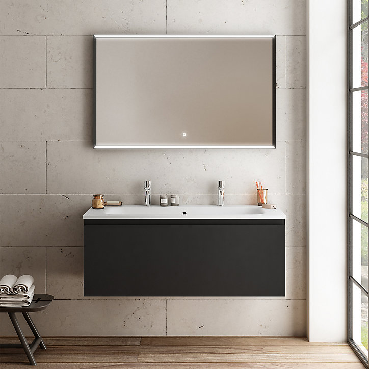 Meuble sous vasque à suspendre Pura noir 120 cm + plan vasque en résine blanc
