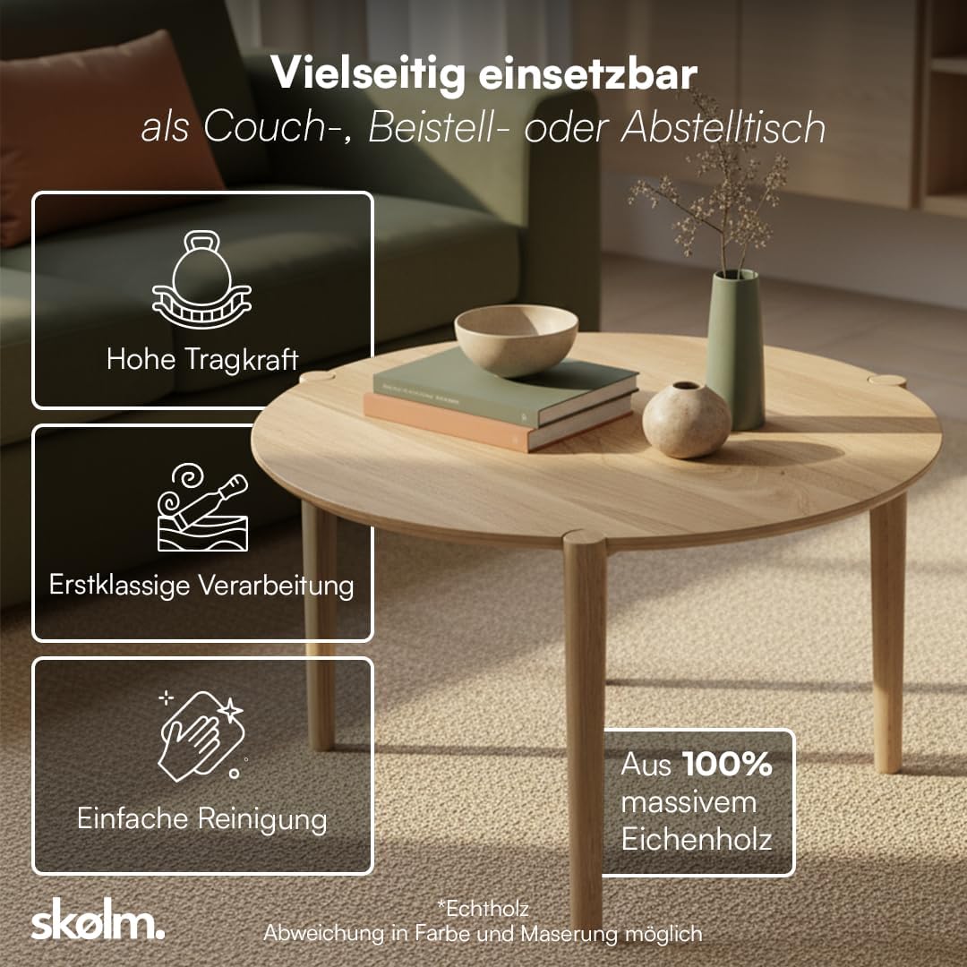 skølm Åsarna Couchtisch rund Ø 70 cm – Wohnzimmertisch aus Eiche Massivholz – Sofatisch Holz mit 3 Beinen – Kleiner Beistelltisch – Holztisch Wohnzimmer – Round Coffee Table – Moderner Kaffeetisch