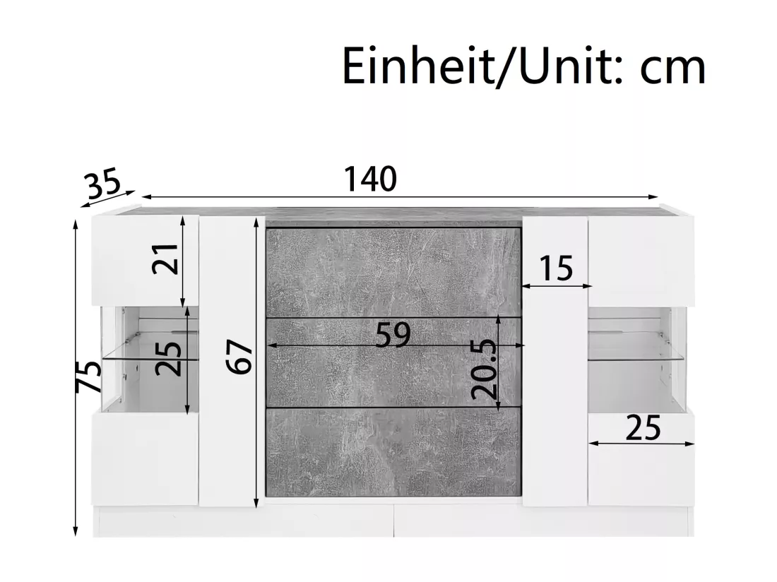 Buffet avec LED - 2 portes et 3 tiroirs - façade blanche brillante et aspect marbre gris - Blanc
