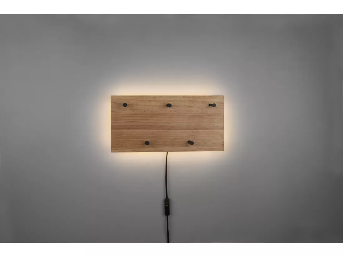 Samantha - Panneau d´accrochage mural avec crochets et bande LED - Naturel/Noir - 40x20x29,2cm