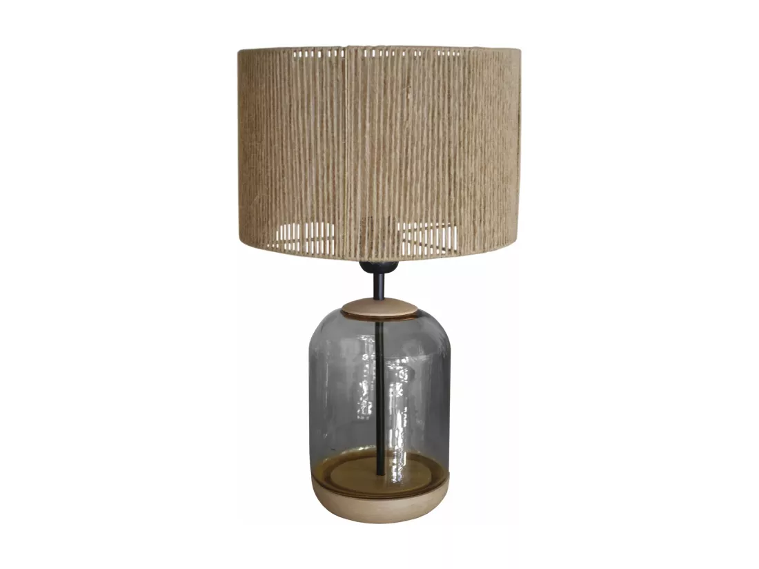 Lampe de chevet cylindre bois,verre,fumée,fillage jute 41 cm.