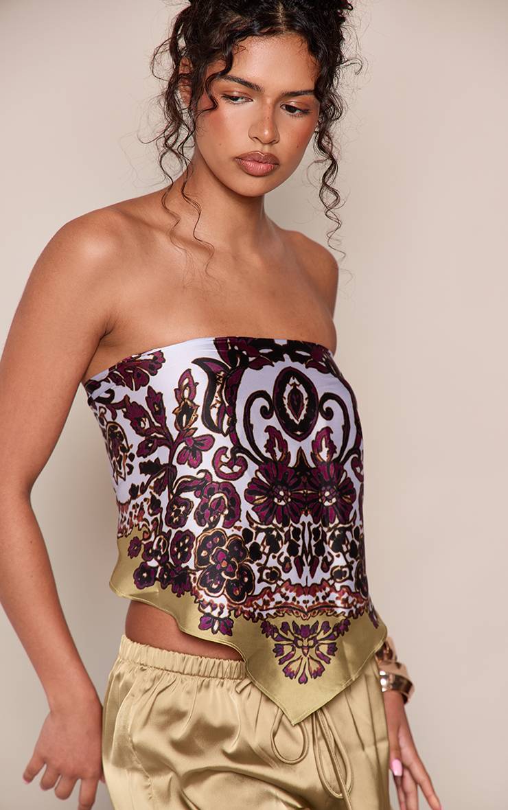 Vert Olive Top Bandeau Imprimé Foulard En Satin