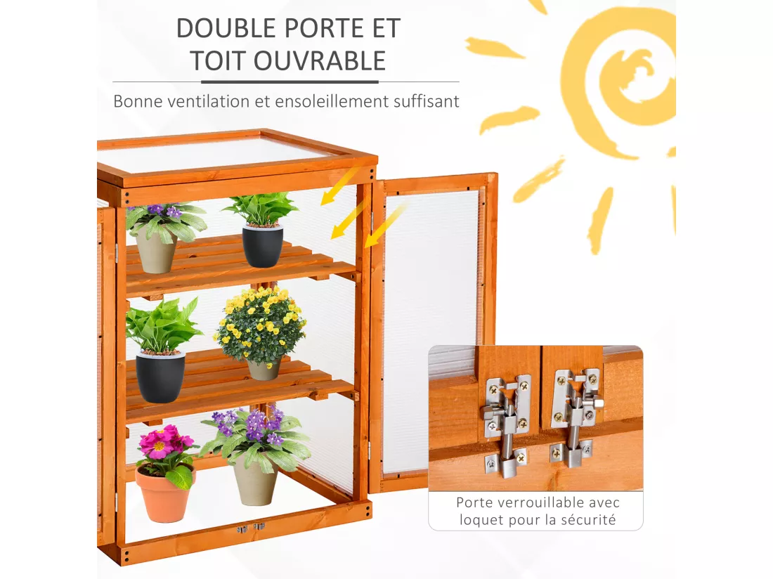 Mini serre de jardin 3 niveaux dim. 58L x 44l x 78H cm double porte toit ouvrant bois sapin lasuré polycarbonate