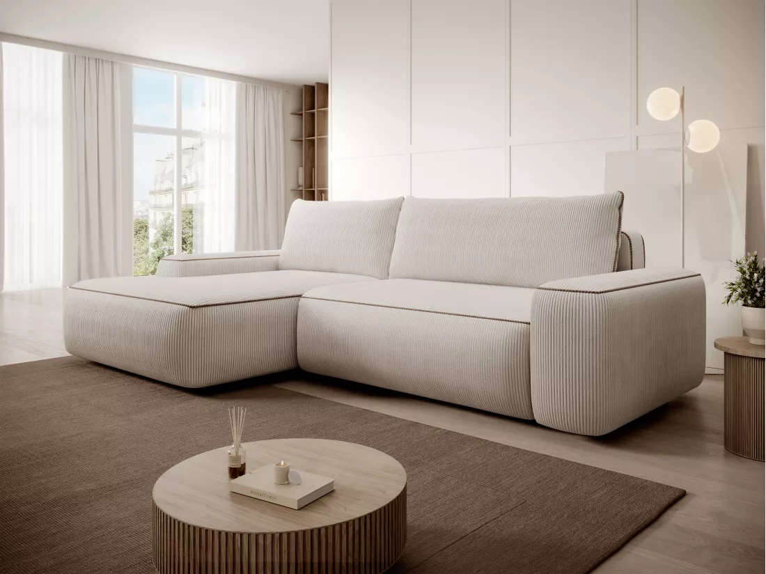 Canapé d'angle gauche convertible en velours côtelé beige ZOMELA