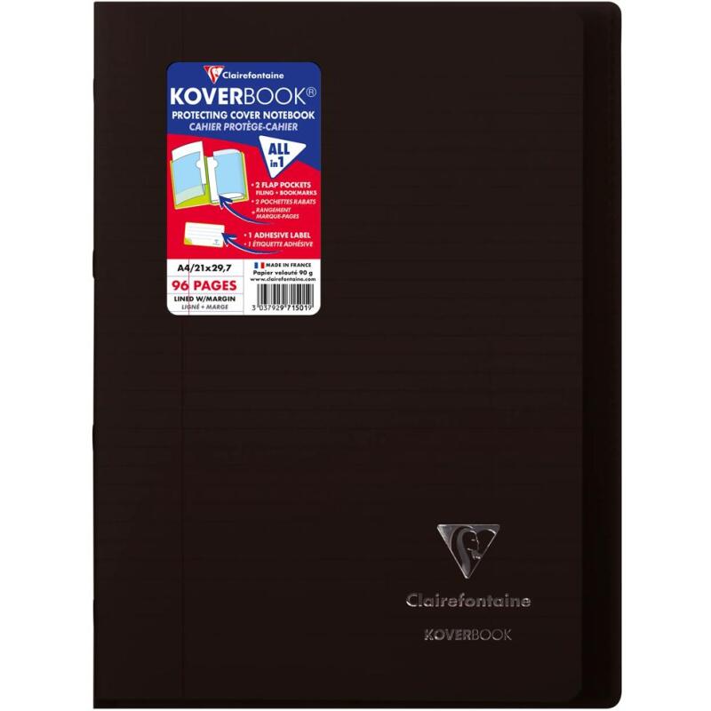 Cahier piqué Koverbook A4 96 pages ligné + marge couverture polypropylène transparent - Assortis