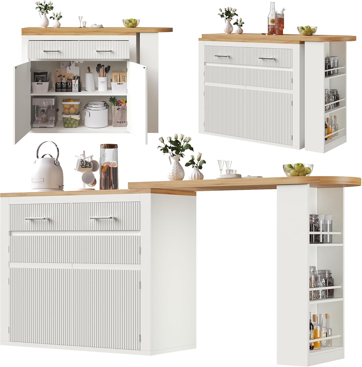 Ausziehbarer Bartisch mit Stauraum(137-215×39×102.3cm) , Moderner Beweglicher Bar Table, Teleskopischer Bartisch mit einer Schublade und zwei Regalen, Hochtisch Kücheninsel Bistro Table(Weiß)