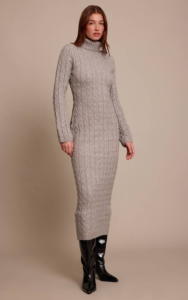 Gris Robe Synthétiquell Maxi Col Roulé En Maille Torsadée Épaisse