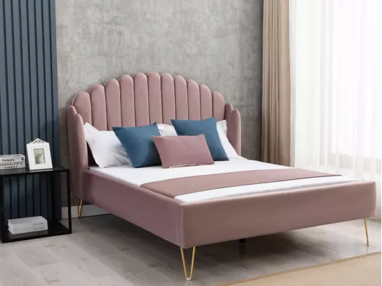 Lit 160 x 200 cm avec tête de lit ondulée - Velours - Vieux rose - SAGALI