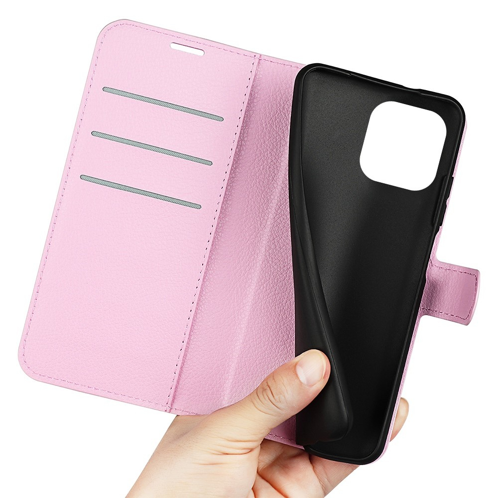 iPhone 14 Pro Max Leder Tasche Flip Cover Litchi Look - Rosa