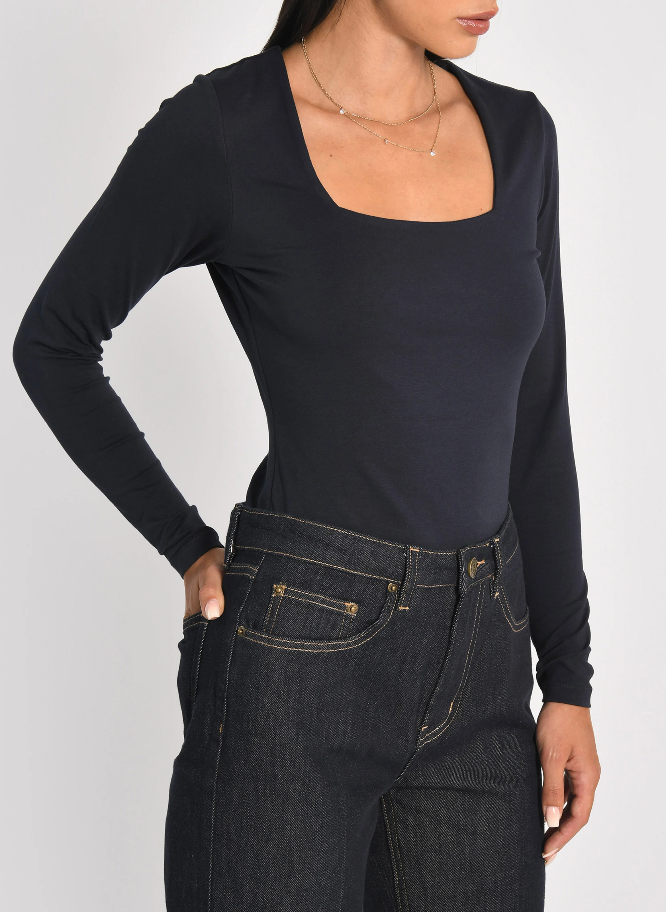 CLEMENTINE - Top col carré en coton mélangé | Bleu