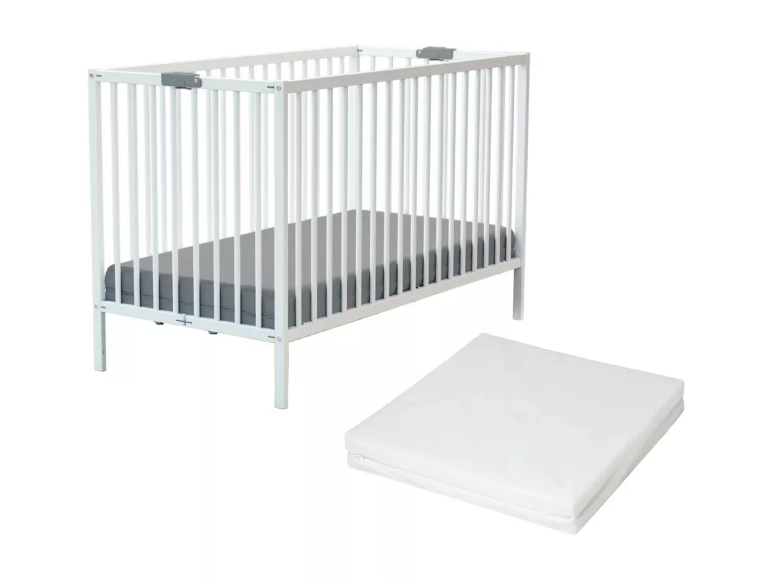 Lit bébé pliant 60 x 120 en bois Blanc avec matelas
