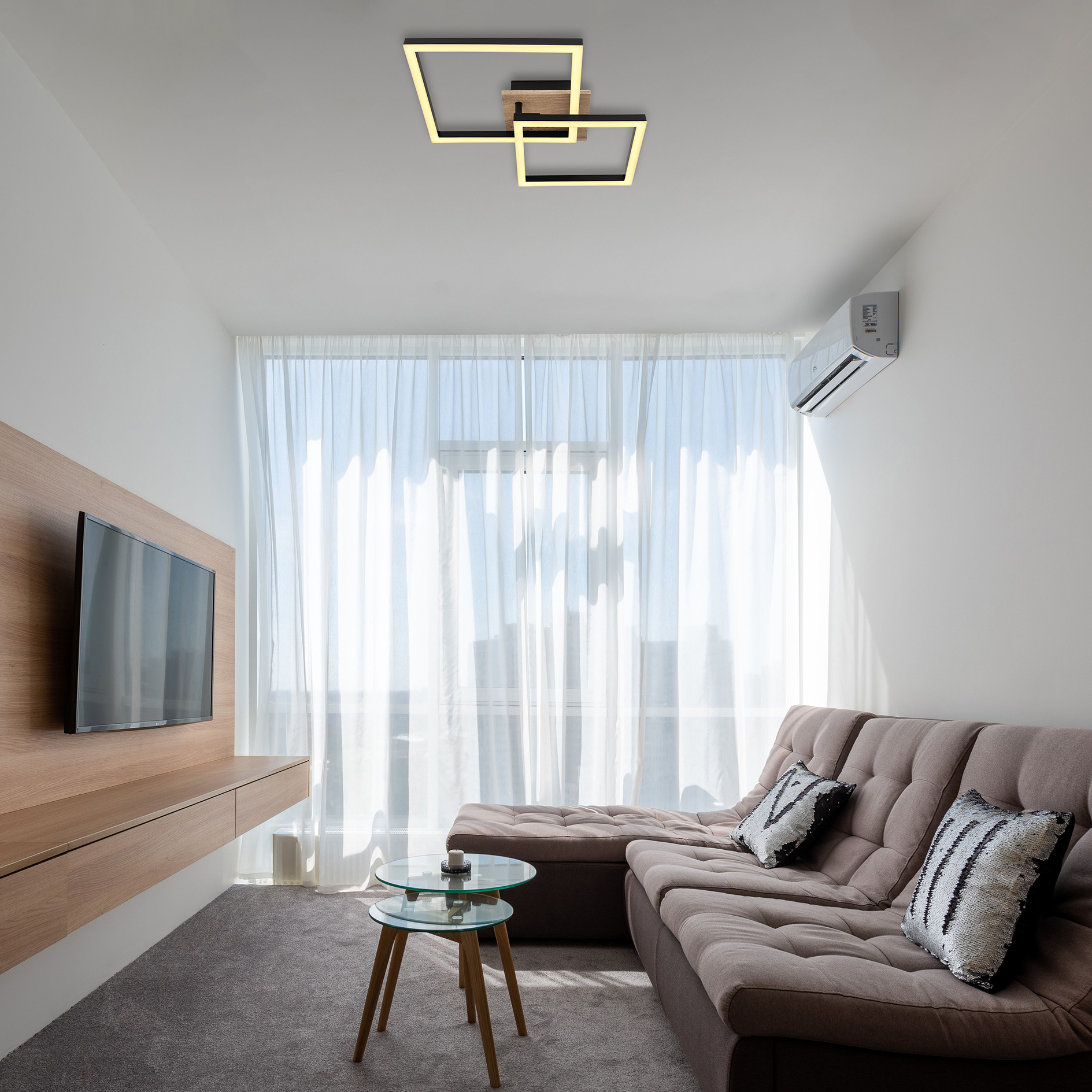 LED-Deckenleuchte - schwarz-Holzoptik-opal - 18 Watt