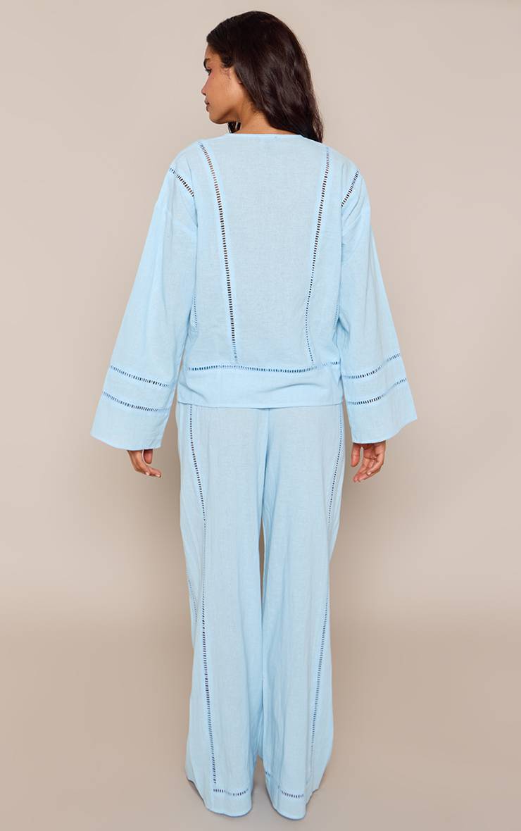 Bleu Ensemble Coordonné Pantalon En Lin Avec Détails Ajourés