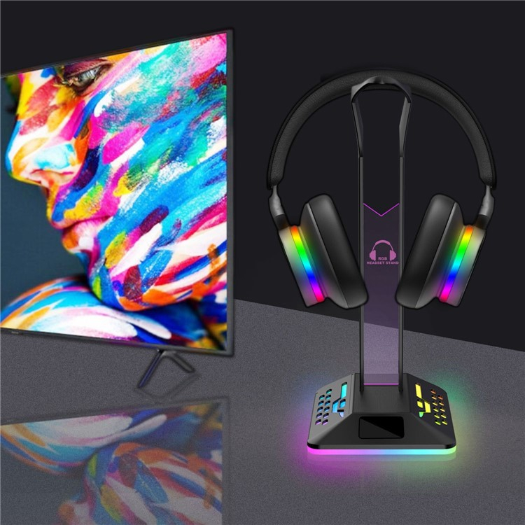 Gaming Kopfhörer Halterung Ständer für Over-Ear Headset mit 2x USB A Anschluss   RGB Beleuchtung - Schwarz