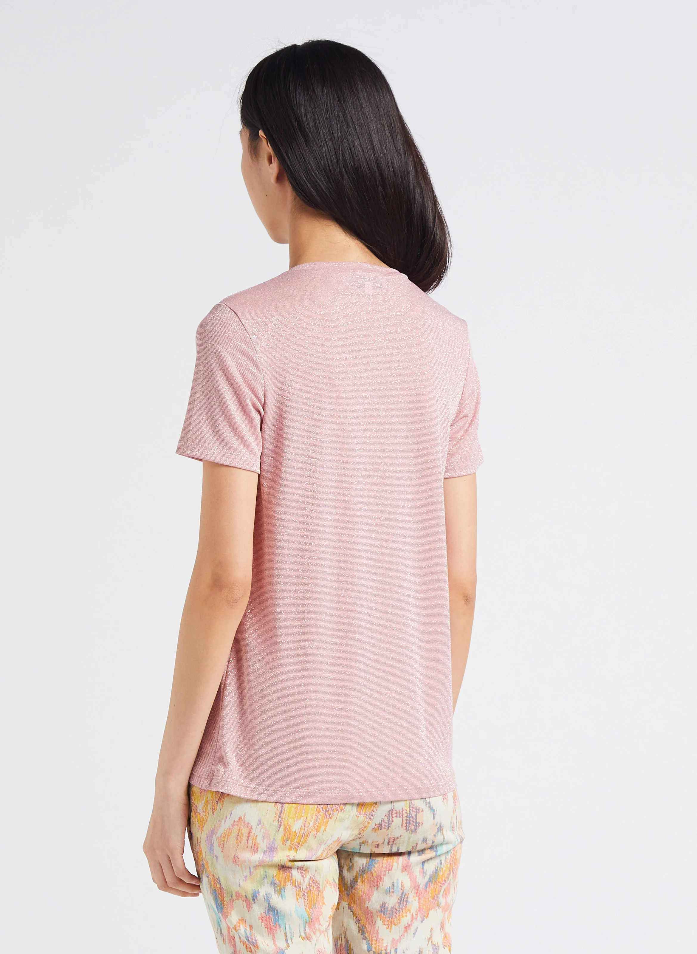 T-shirt col V en fibres métallisées | Rose