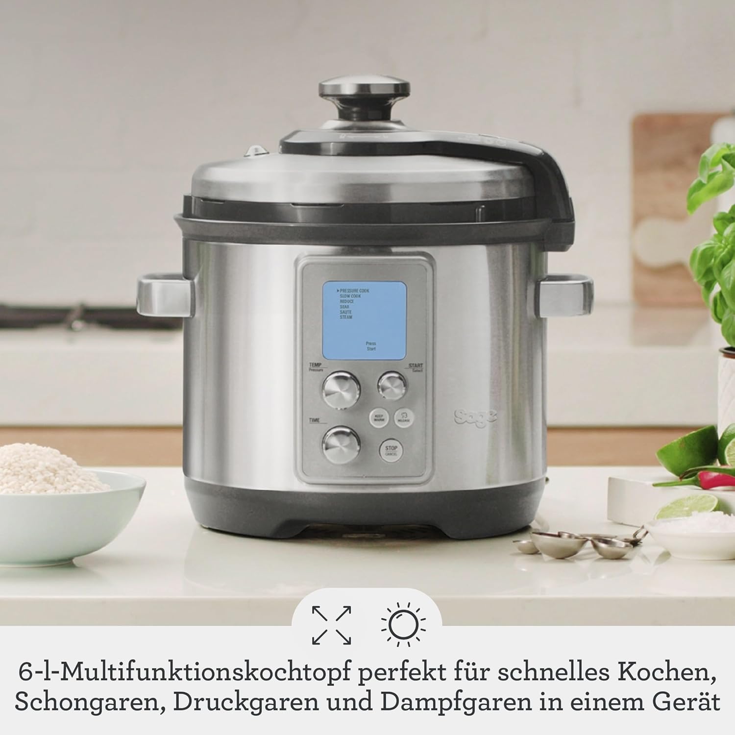 Sage - The Fast Slow Pro - Schnellkochen, Langsamkochen, Sautieren, Dämpfen, Schmoren, Risotto Machen, Gebürsteter Edelstahl