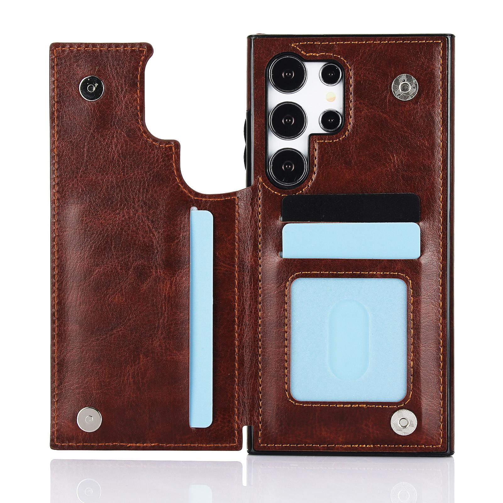 Samsung Galaxy S24 Ultra Hybrid Leder Hülle mit Kartenfach   Kickstand Aufsteller - Braun