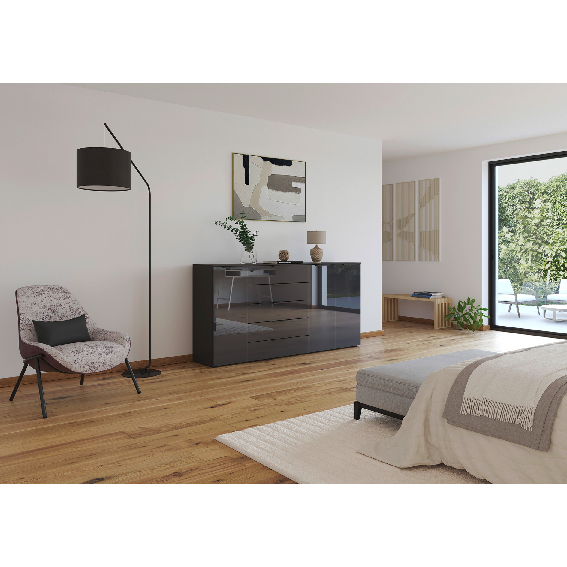 Kommode - graphit-Basaltglas - Graphitgriffe - 199 cm