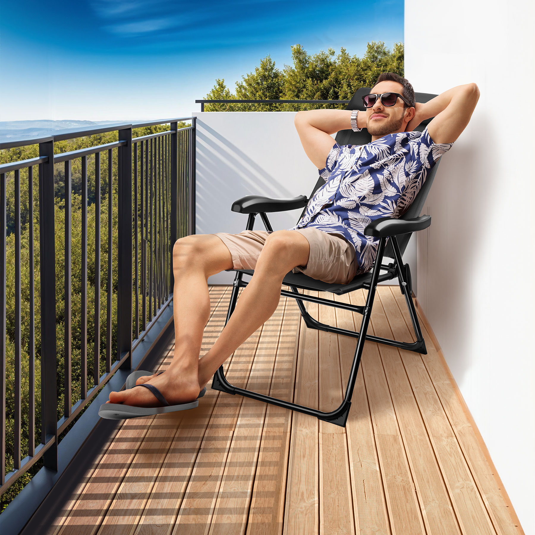 tectake® Campingstuhl, klappbar, 7-fach verstellbare Rückenlehne mit Kopfpolster, Belastbarkeit 120 kg, 57 x 65 x 112 cm