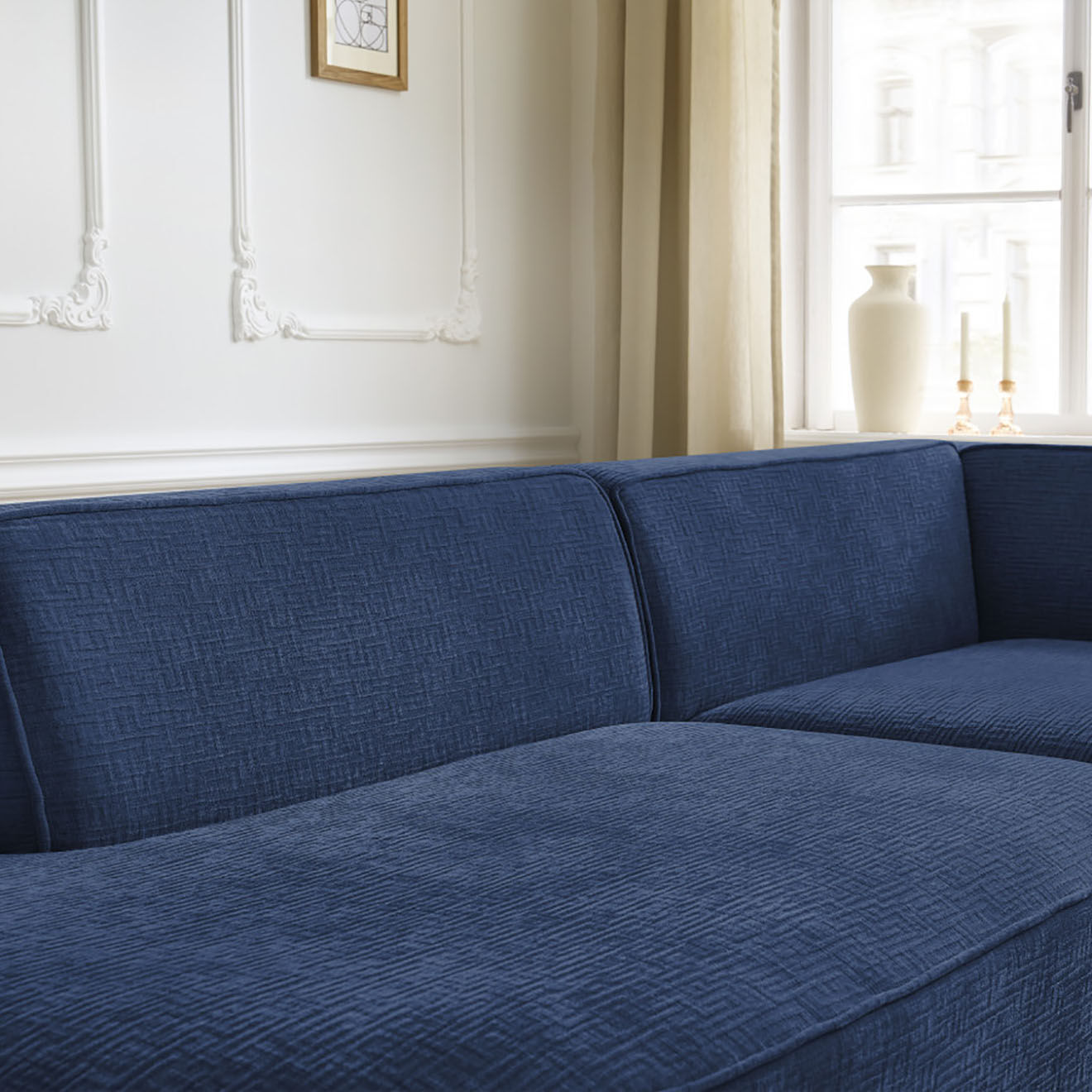 Bobochic Canapé d'angle droit fixe 4 places Rousseau texturé bleu foncé - 250x160x72 cm