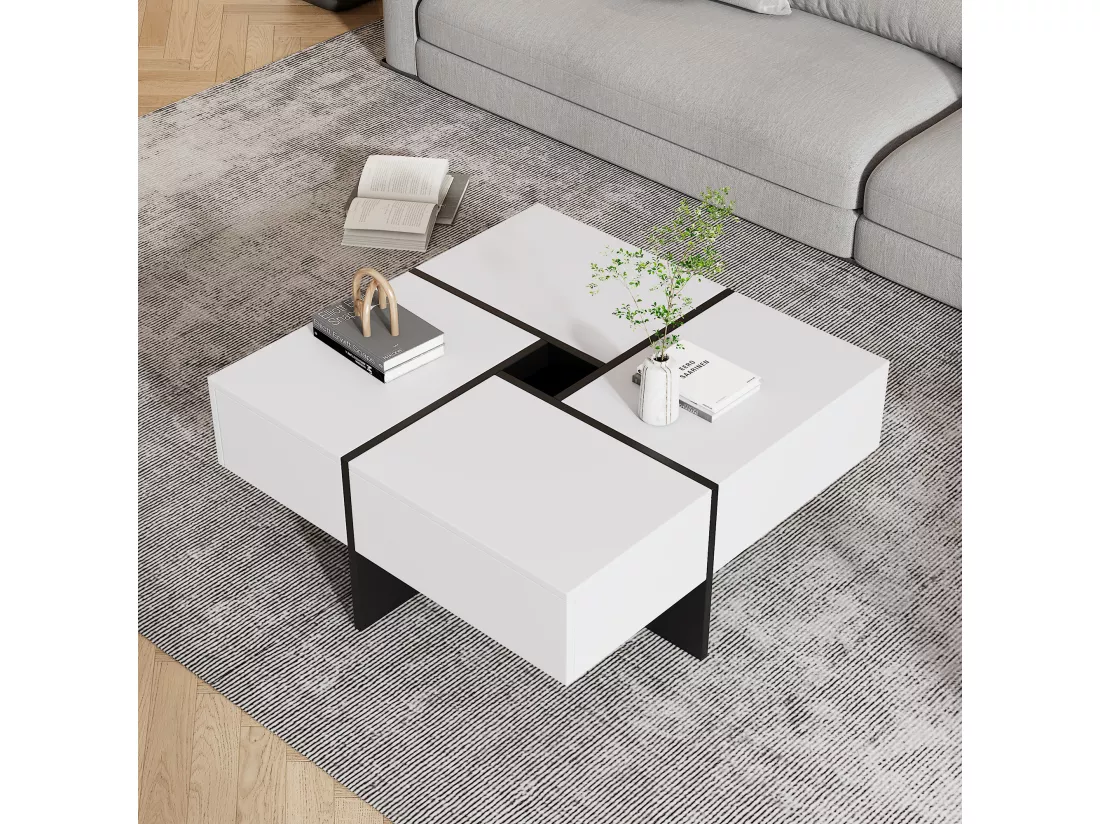 Table basse carrée moderne 70 x 70 x 35 cm - avec compartiment de rangement central de 10 x 10 cm – panneaux de particules - blanc