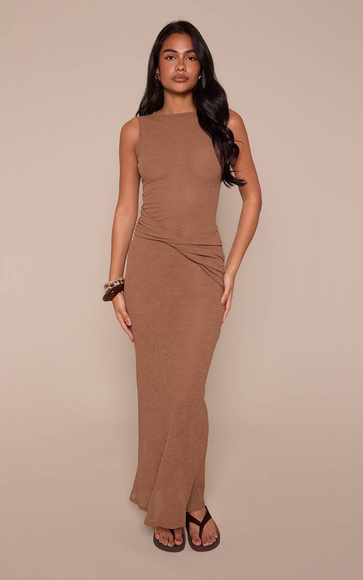 Marron Robe Maxi Moulante Sans Manches Avec Détail Drapé Pelure D'oignon
