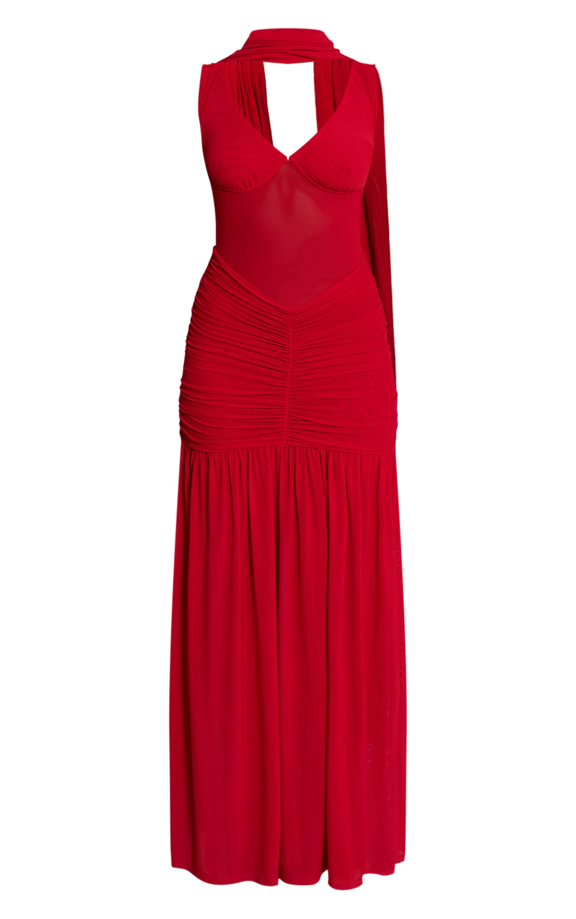 Rouge Robe Longue En Mesh Avec Détail Foulard
