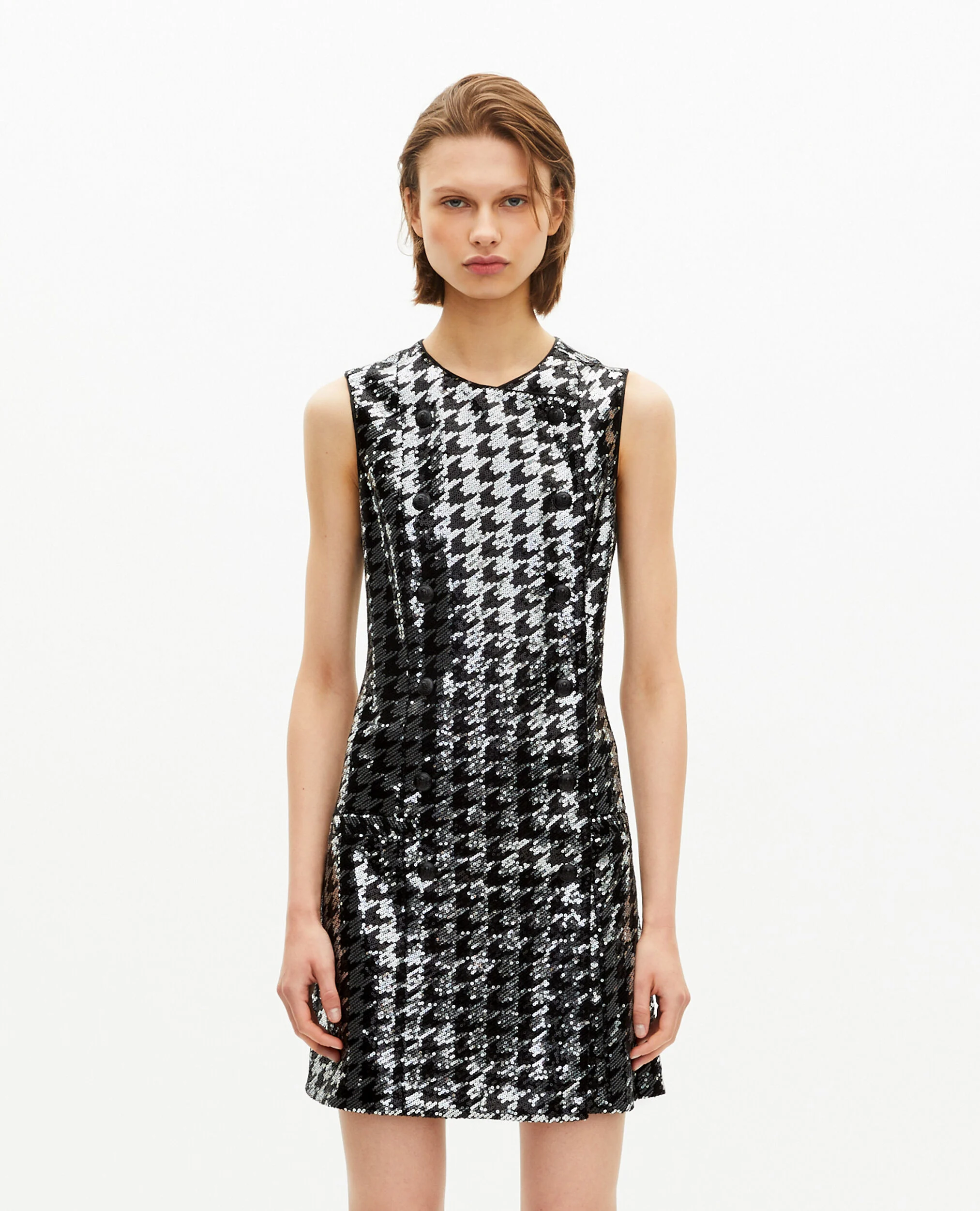 Robe courte en pied de poule à sequins noire