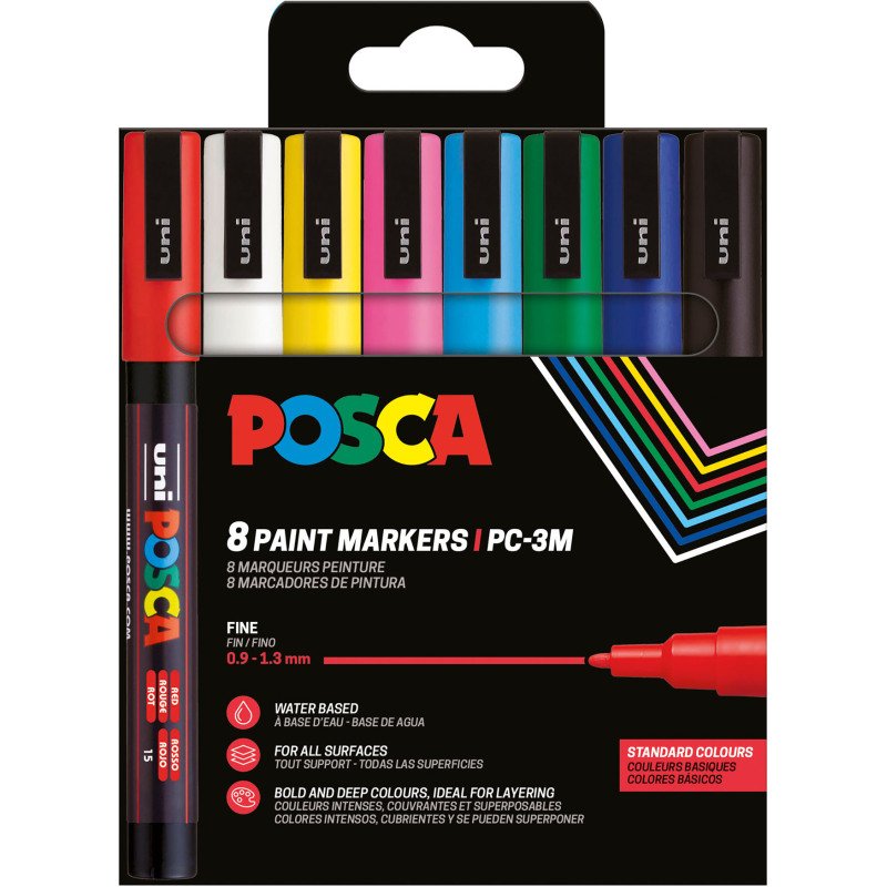 Marqueur Posca PC3M pointe ogive 0,9 à 1,3 mm couleurs assorties - Étui de 8