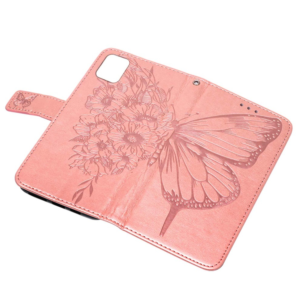 iPhone 13 Pro Leder Tasche mit Kartenfach   Handschlaufe Schmetterling / Blumen - Roségold