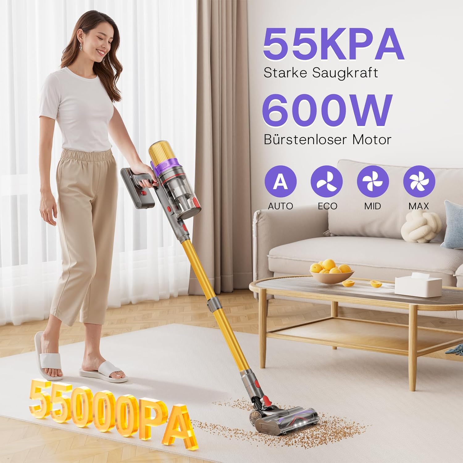 V16 Akku Staubsauger 600W/55Kpa/80Mins, Staubsauger Kabellos mit LED Touchscreen, Automatikmodus, Anti-Tangle Bodenbürste, Akkustaubsauger für Teppich Tierhaare Hartböden