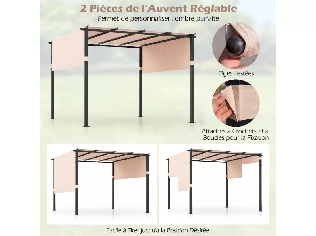 Pergola Rétractable d'Extérieur 305 x 305 CM, Pergola Métallique à Toit Plat pour Patio avec Auvent Rétractable 2 Couvre-soleils à Enrouleur, Tonnelle Abri pour Jardin Patio Porche (Beige)