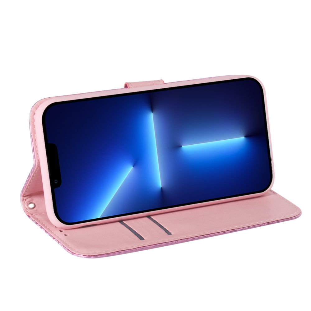 iPhone 13 Pro Leder Tasche Wallet mit Flower Laser Hologramm - Silber