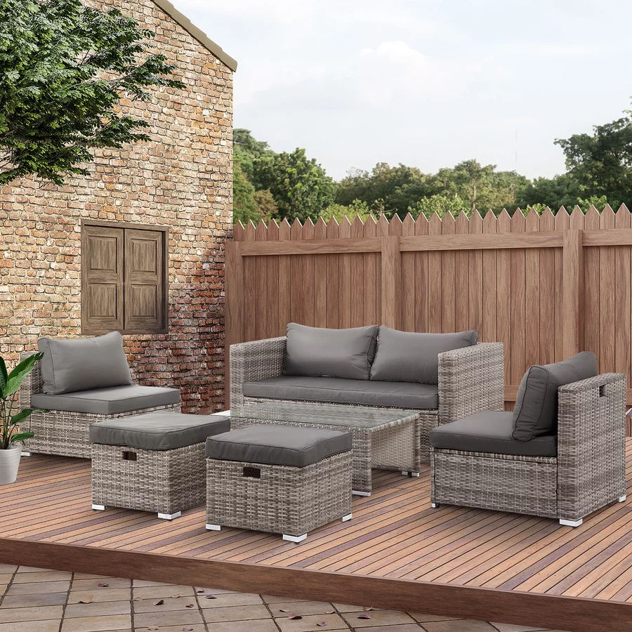Outsunny Rattan Gartensitzgruppe als 6-teiliges Set grau