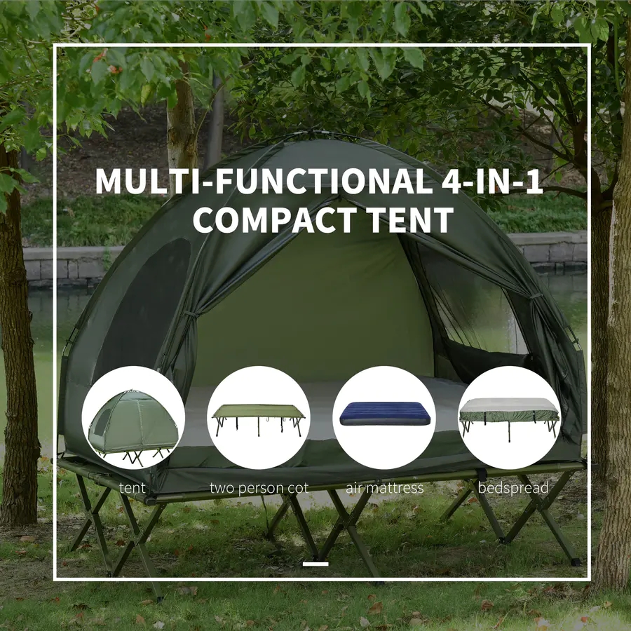 Coleman 2 Person Foldable Camping Cot, Portable Outdoor with Sleeping Bag & Thick Air Mattress, All in One Elevated Camping Bed Tent for 2