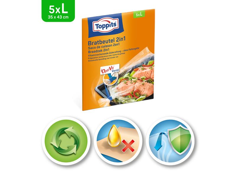 Toppits Bratbeutel 2 in 1 Grösse L, 5 Stück Bratbeutel für fettfreies Braten und Dampfgaren