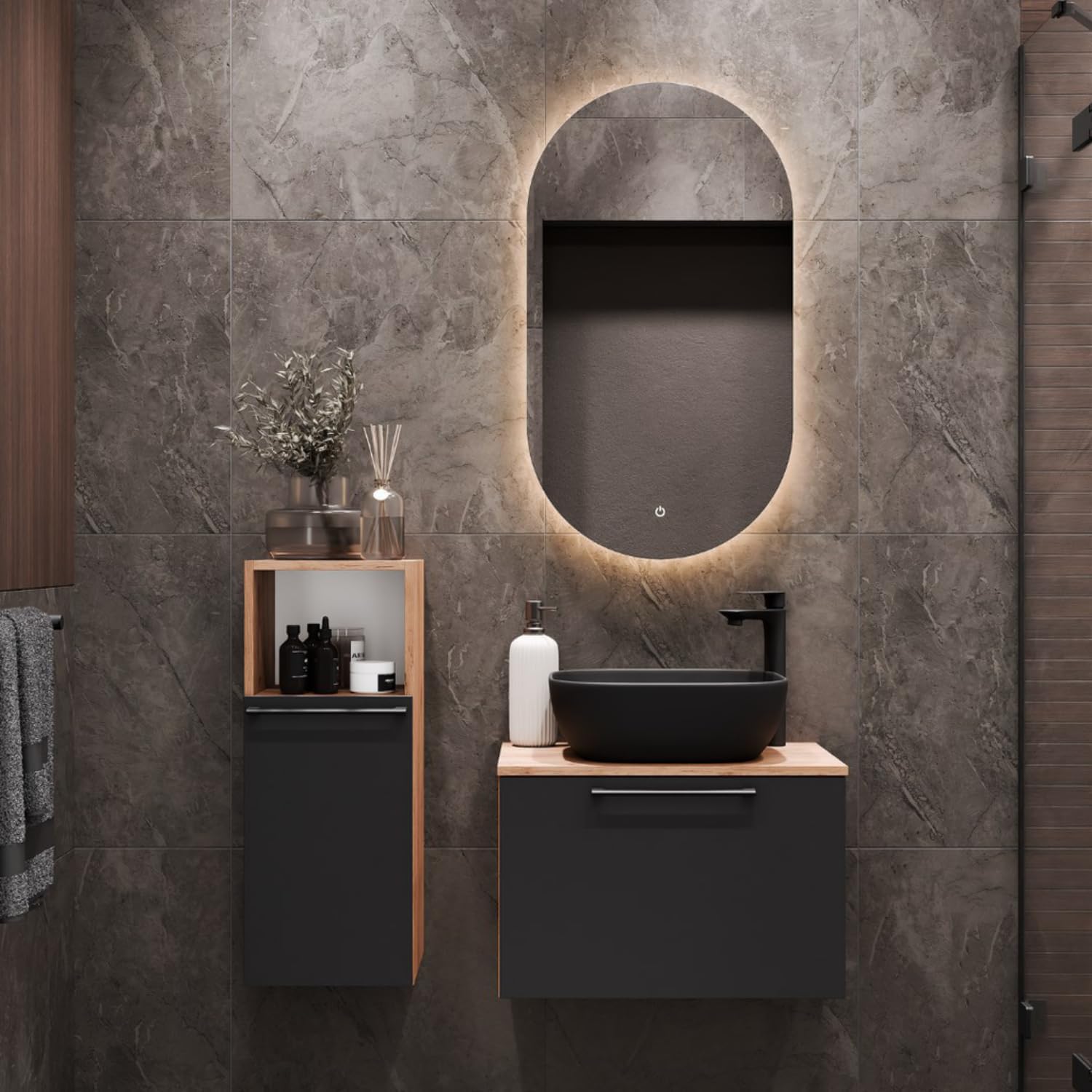 Planetmöbel Astra Badmöbel Set mit Waschtisch 60 cm mit 1x Midischrank Gold Eiche Anthrazit, Aufsatzwaschbecken 42 cm schwarz