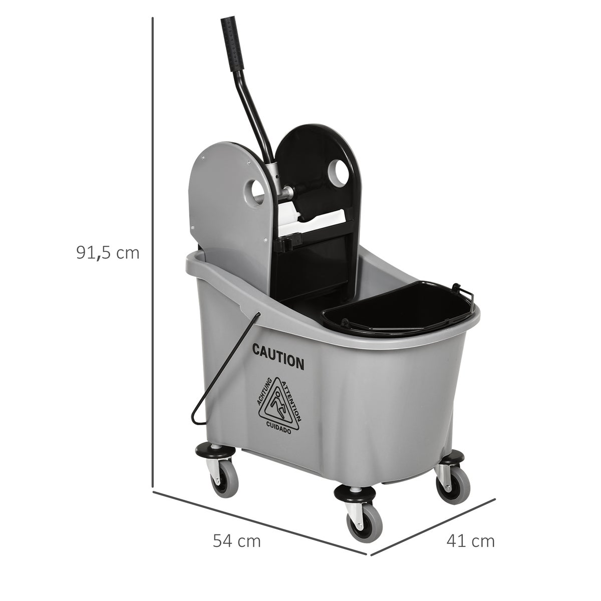 HOMCOM Schoonmaakwagen 36 liter, emmer met wielen, schoonmaak-emmer en dweilwagen met wringmechanisme, grijs, 54 x 41 x 91,5 cm