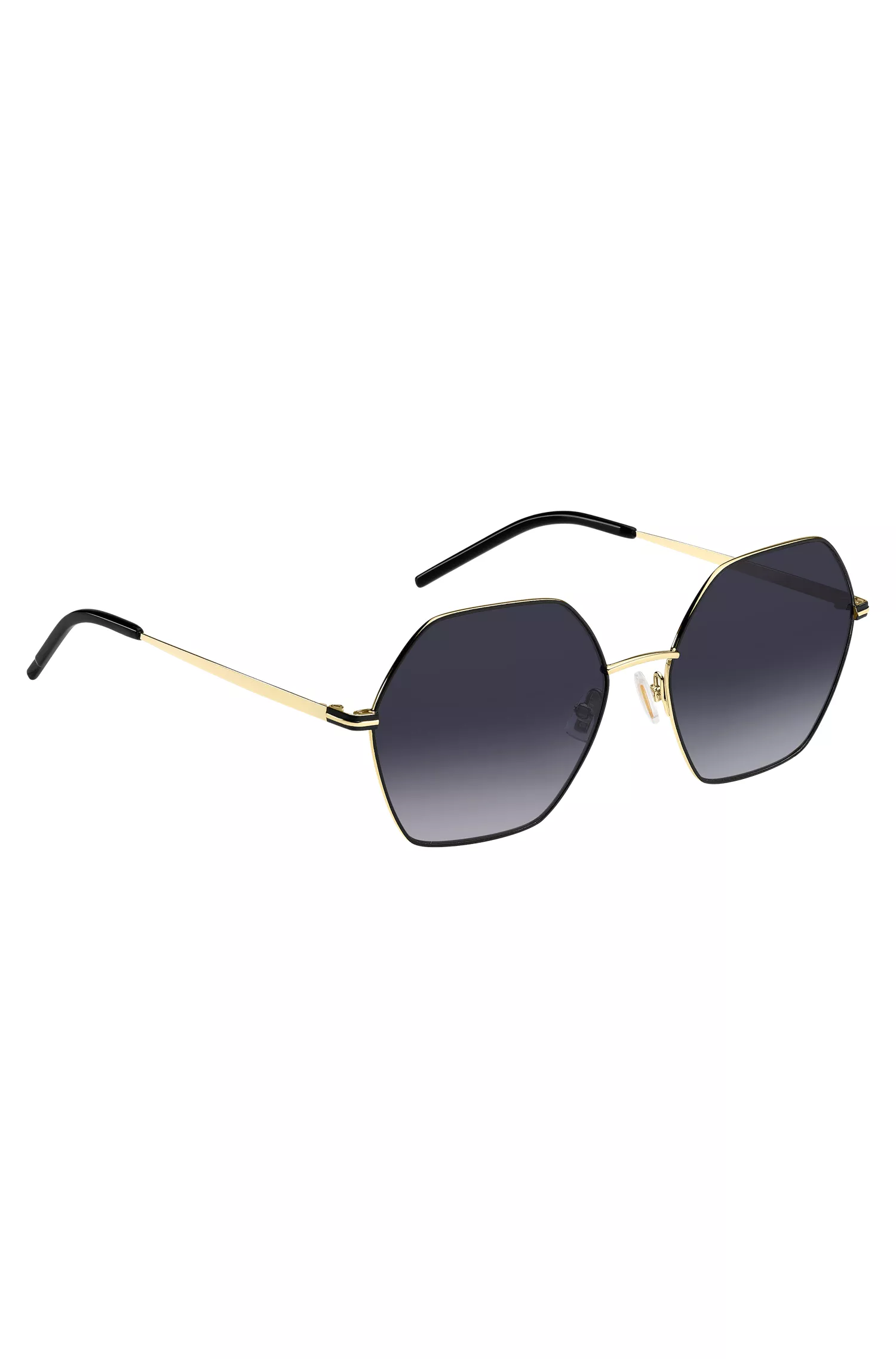 Óculos de sol BOSS Black-Angular em aço preto e dourado.