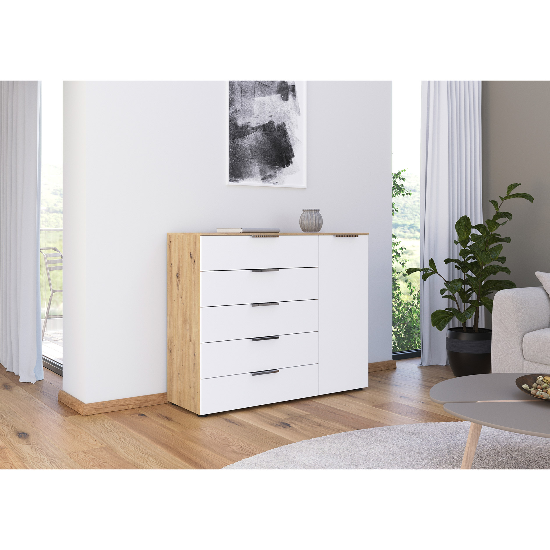 Kommode - Artisan Eiche-alpinweiß - Chromgriffe - 120 cm