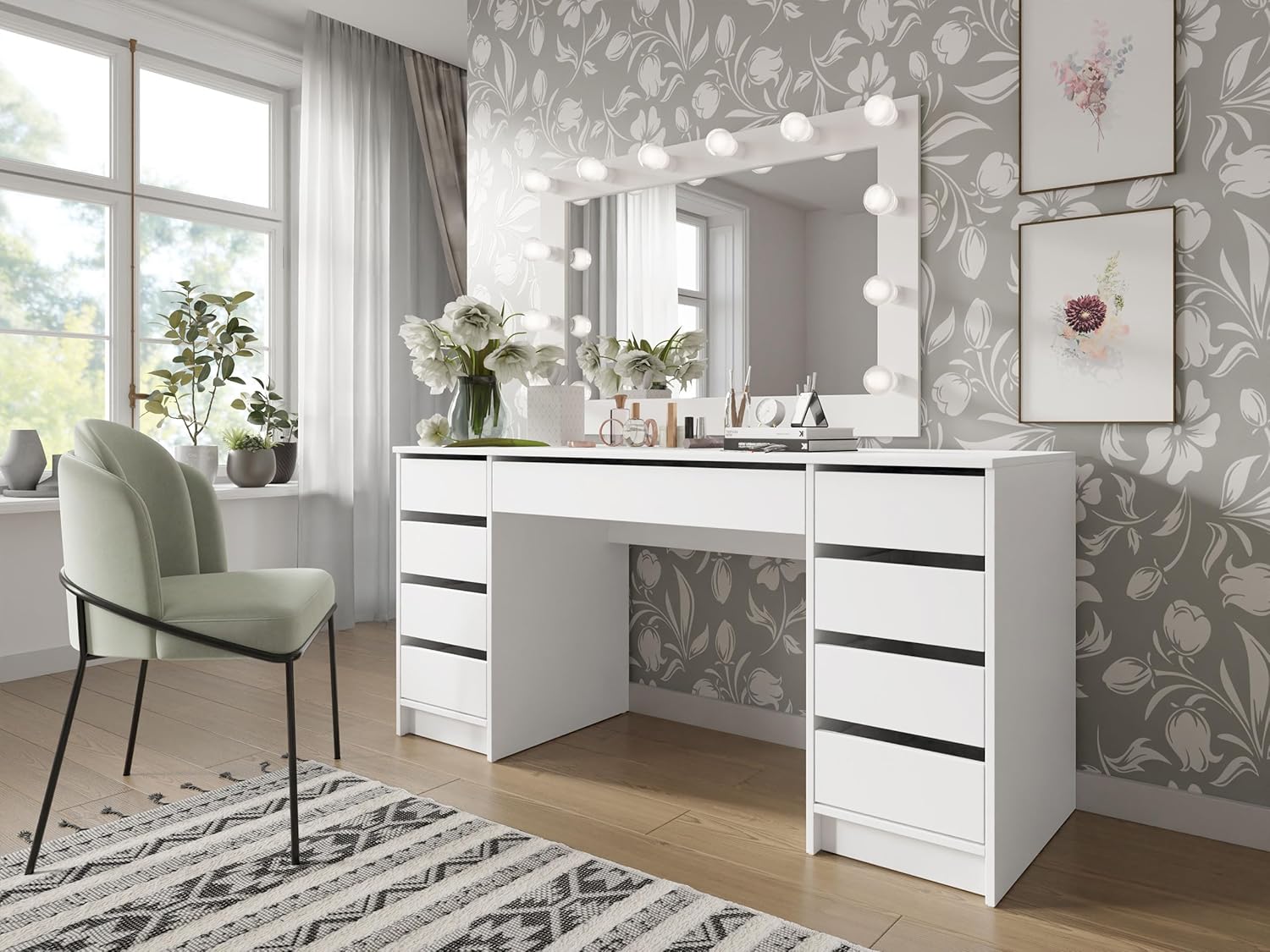 Mirjan24 Schreibtisch Ada Bis, 9 Schubladen Schülerschreibtisch Computertisch B:H:T 154x76x55cm, Kinderschreibtisch Arbeitstisch PC-Tisch Jugendzimmer Kinderzimmer (Weiß)