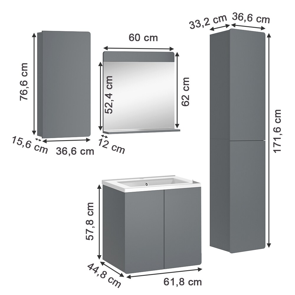 Vicco Badmöbel-Set Izan Grau modern Waschtischunterschrank Waschbecken Badspiegel Hängeschrank Hochschrank
