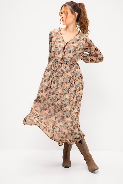 Maxikleid, A-Line, Schuppen Print, V-Ausschnitt, elastische Taille, Langarm