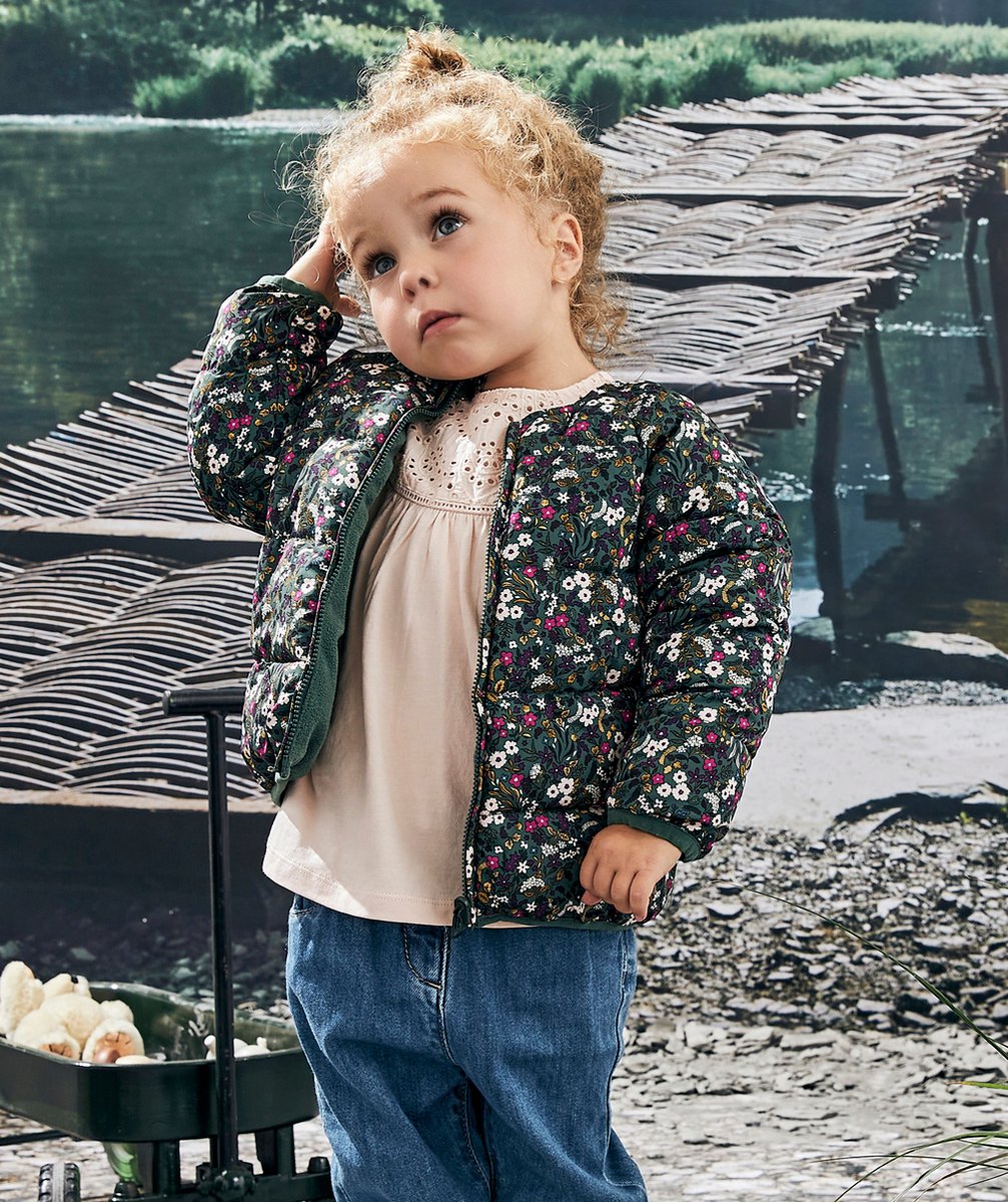 PARKA 3 EN 1 BÉBÉ FILLE EN REMBOURRAGE RECYCLÉ VERT ET FLEURI
