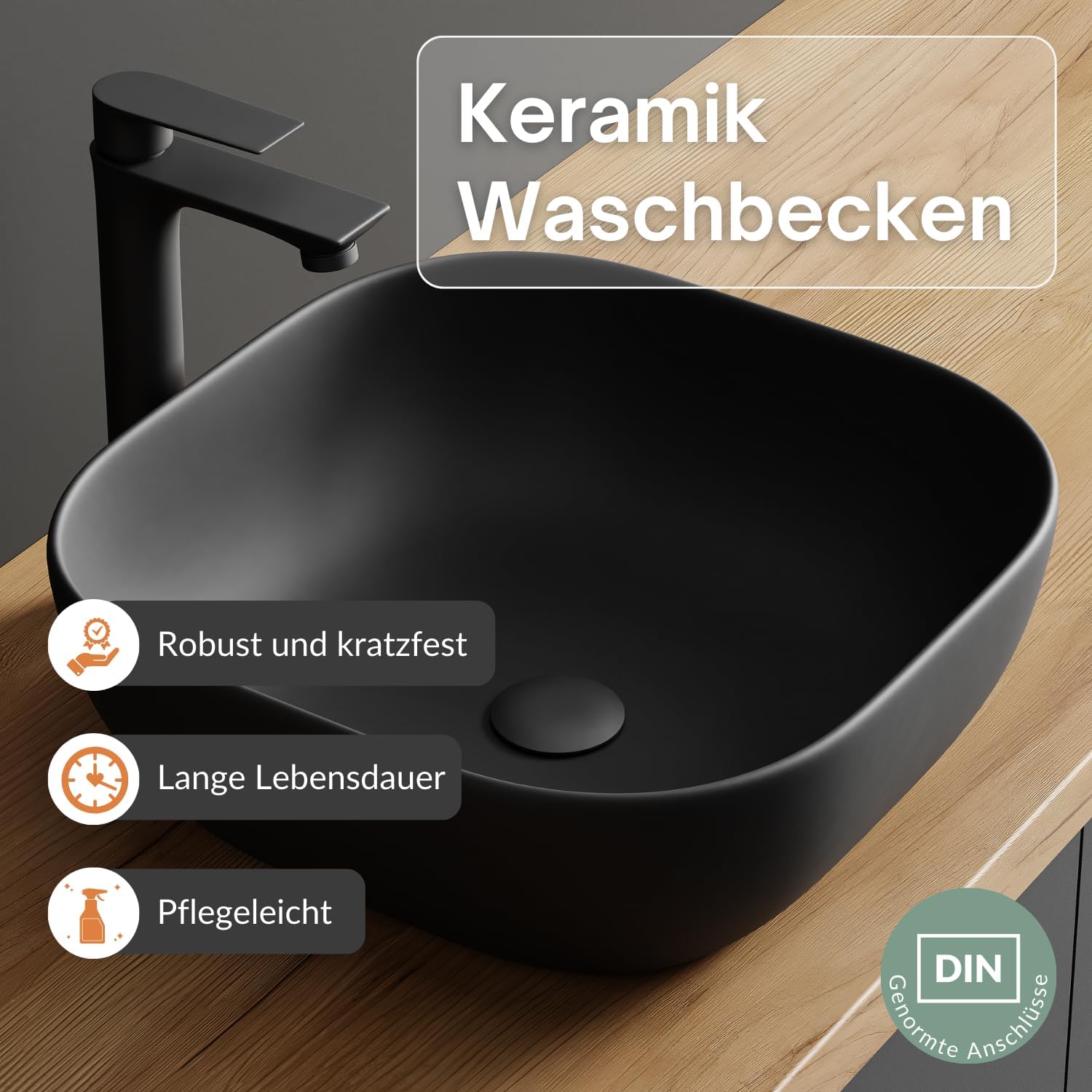 Planetmöbel Astra Badmöbel Set mit Waschtisch 60 cm mit 1x Midischrank Gold Eiche Anthrazit, Aufsatzwaschbecken 42 cm schwarz