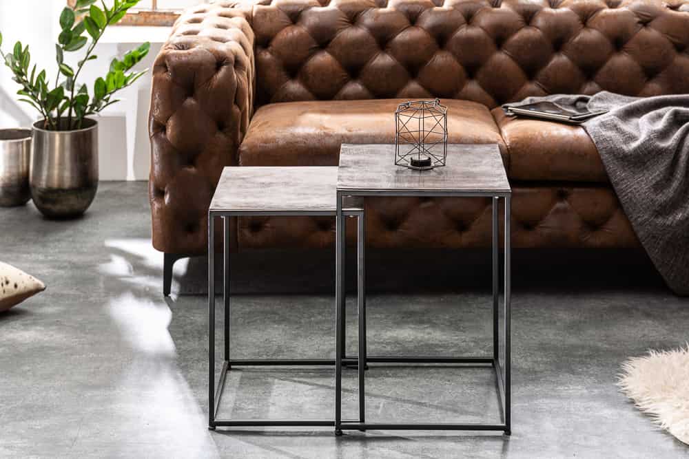 Handgearbeitetes Beistelltisch 2er Set ELEMENTS 40cm silber schwarz Couchtisch