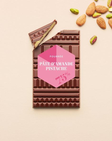 Tablette Fourrée Pate d’amandes pistaches Chocolat Noir 75% | Le Chocolat Alain Ducasse 110g
