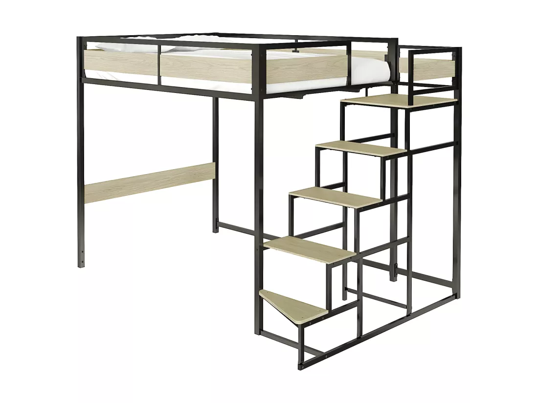 Lit mezzanine avec sommier et escalier en métal finition epoxy noire et mélamine imitation chêne - grand couchage 140 x 190 cm - MONTANA