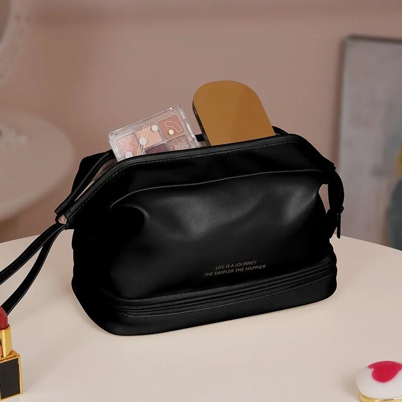 (24x16cm) Leder Kosmetik Make Up Tasche Necessaire Organizer Bag mit Bodenfach - Rosa
