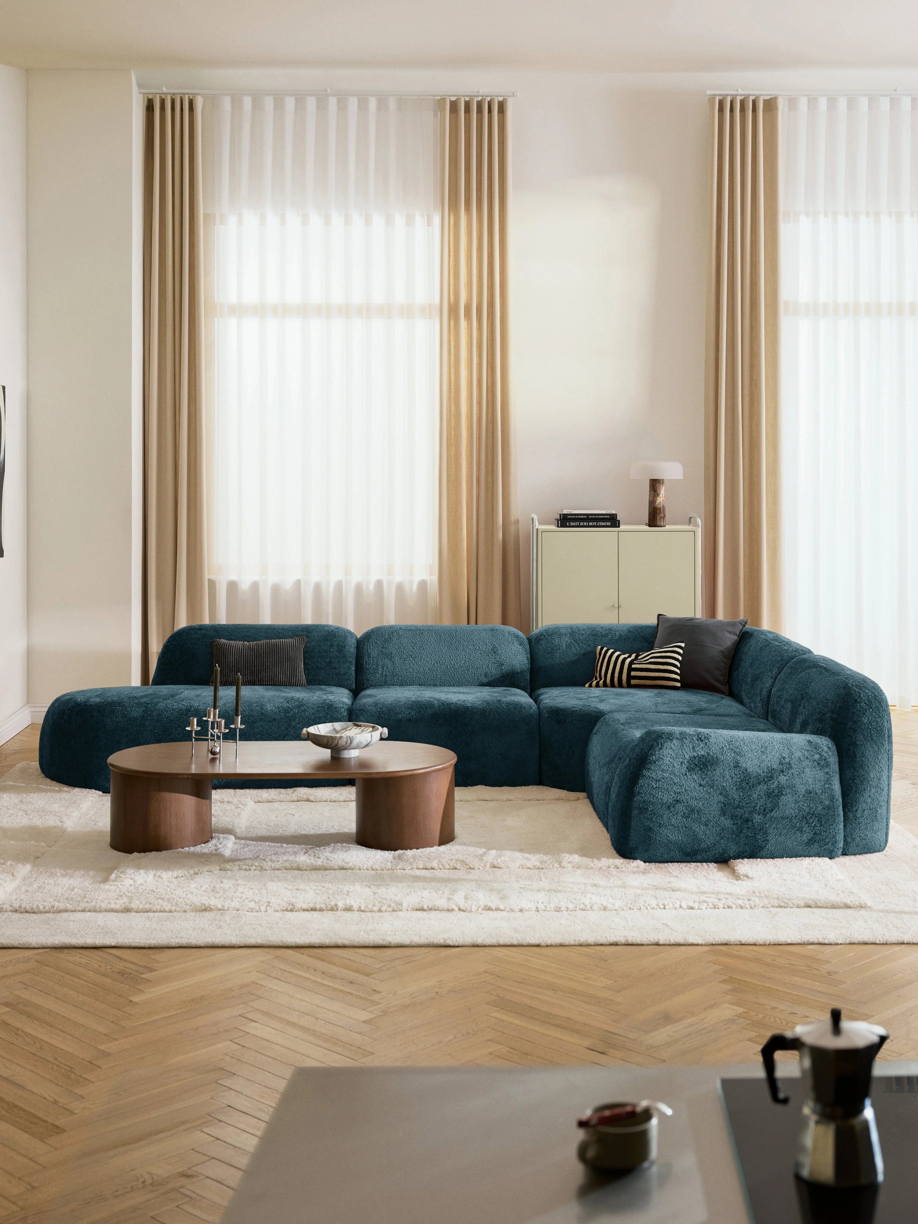 XL modulaire teddy bouclé hoekbank Wolke (4-zits) met chaise longue